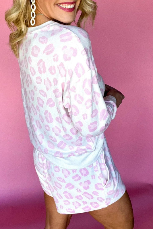 Plus Size/Plus Size Loungewear Pink Leopard Print Long Sleeve Top Plus Size Shorts Set