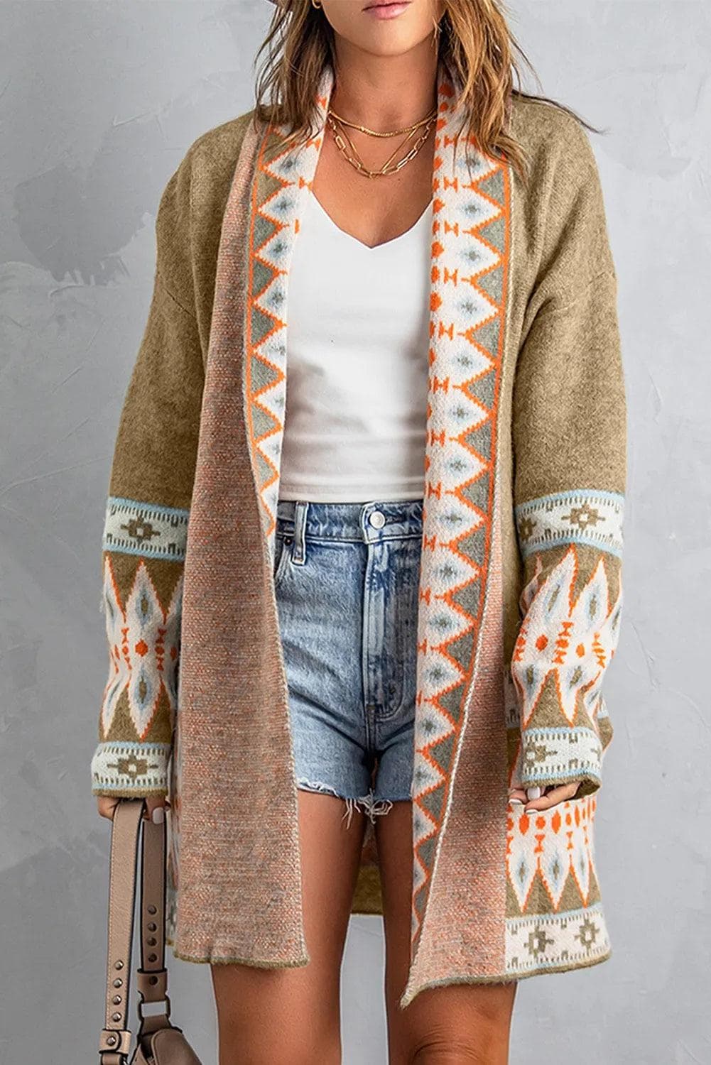 Khaki Aztec Print Open Front Knitted Cardigan | Chic Meadow – Chic
