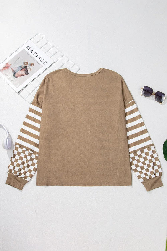 Tops/Long Sleeve Tops Khaki Checkerboard Striped Patchwork Lantern Sleeve Pocketed Blouse