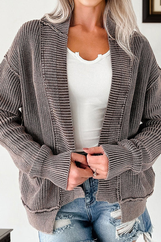 Dark Brown Mineral Wash Exposed Seam Patchwork Knit Open Sweater Cardigan
