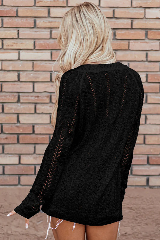 Black Solid Open Knit Cardigan - Chic Meadow Boutique