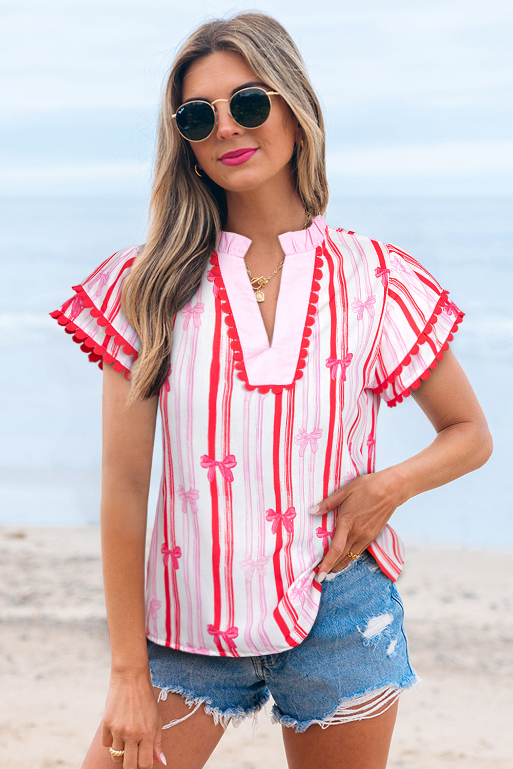 Pink Ric-rac Trim Ruffled Sleeve V Neck Bow Striped Printed Blouse