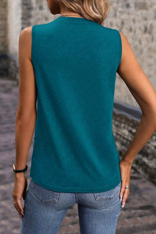 Blue Sapphire Solid Color Stitching Detail Round Neck Tank Top