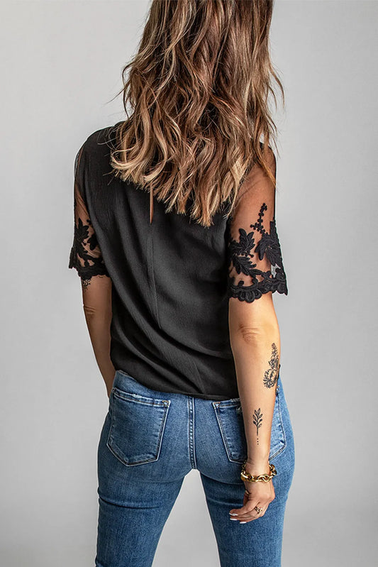 Black Floral Lace Sleeve Patchwork Top - Chic Meadow Boutique