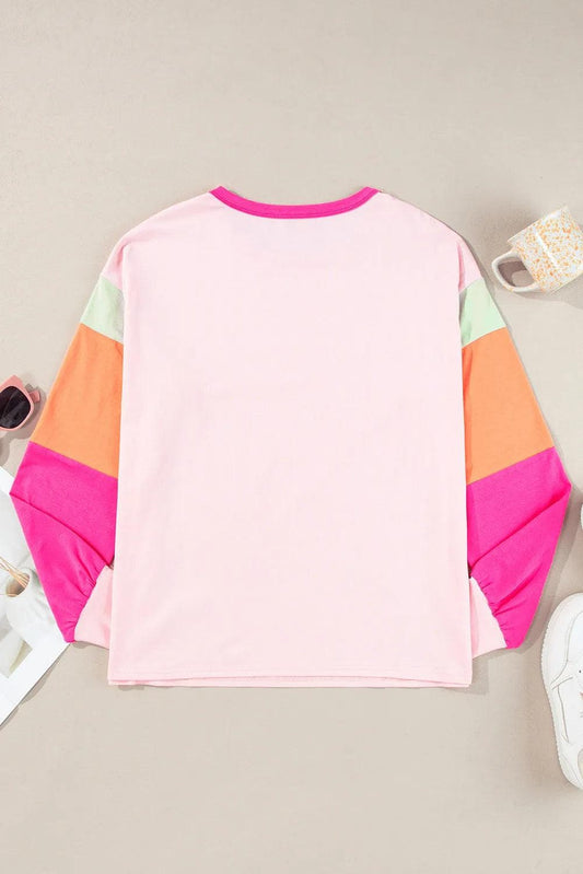 Tops/Long Sleeve Tops Pink Colorblock Patchwork Long Sleeve Loose Top