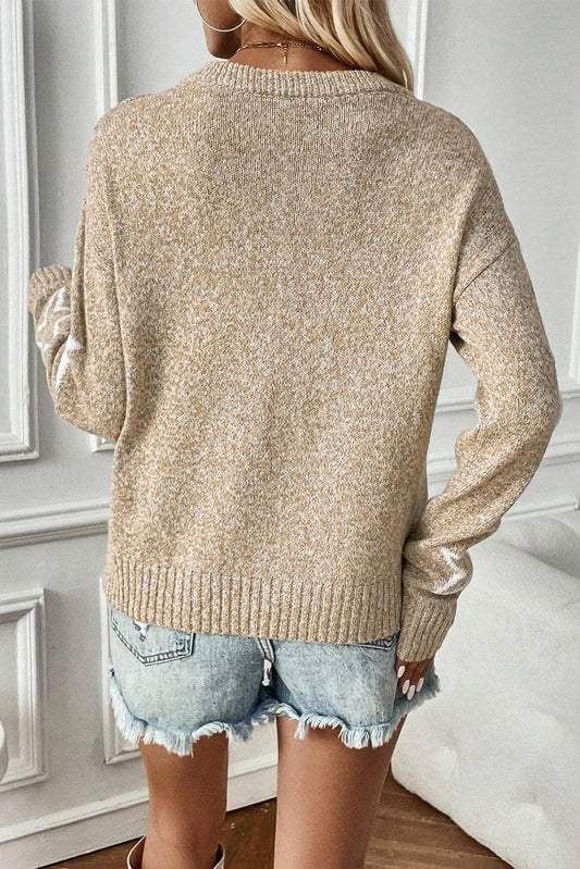 Plus Size/Plus Size Sweaters & Cardigans Khaki Star Pattern Drop Shoulder Plus Size Sweater