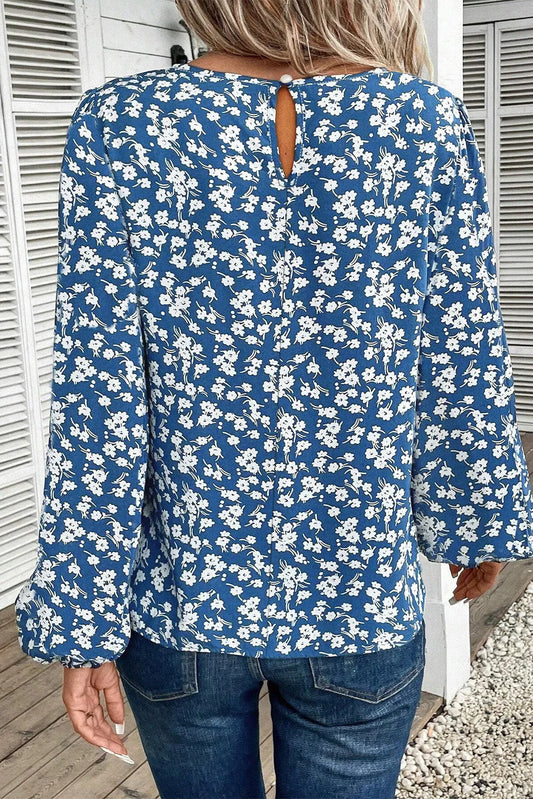 Blue Ditsy Floral Print Lantern Sleeve Blouse - Chic Meadow Boutique