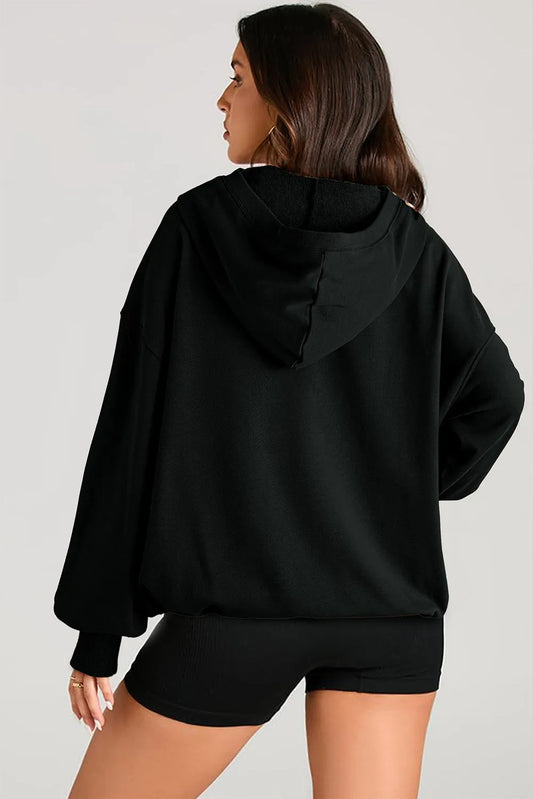 Black Solid Kangaroo Pocket Half Zipper Oversized Hoodie - Chic Meadow Boutique