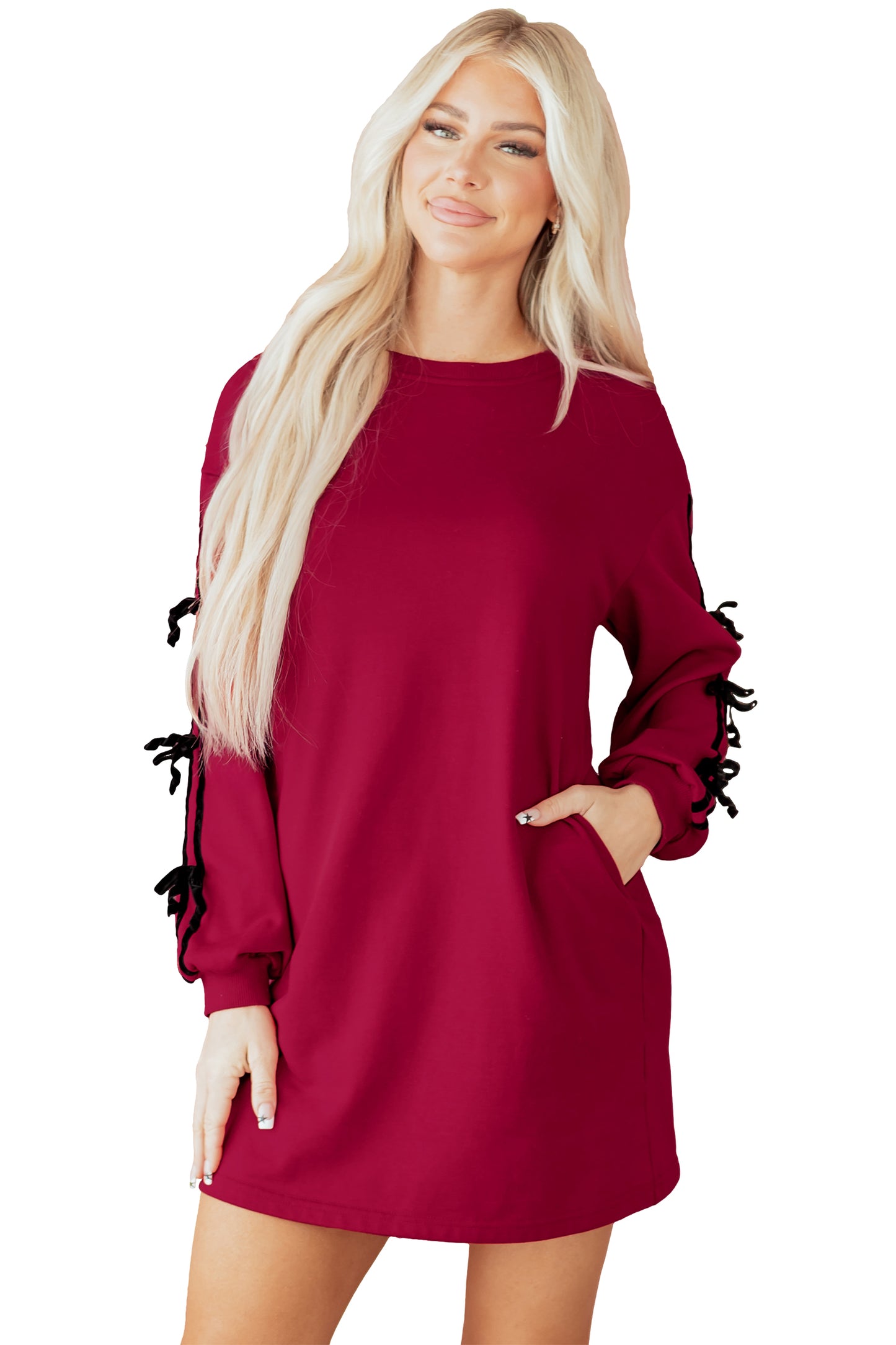 Racing Red Contrast Striped Bow Detail Drop Shoulder Sweatshirt Dress with Pockets