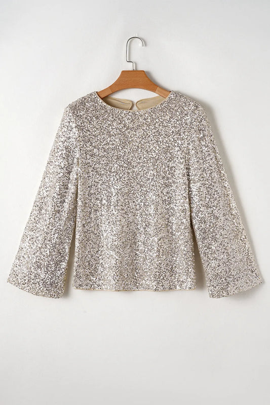 Silvery Sequin Puff Sleeve Cutout Back Blouse - Chic Meadow Boutique