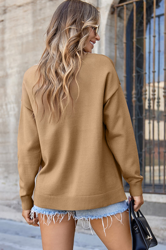 Light French Beige Front Center Seam Drop Shoulder Pullover Solid Sweater
