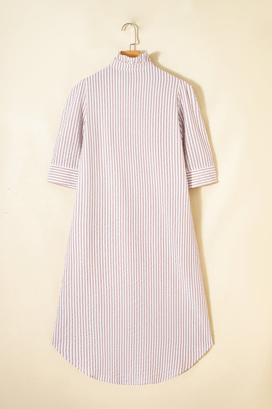Khaki Stripe Frilled Collar Half Sleeve Shirt Maxi Dress