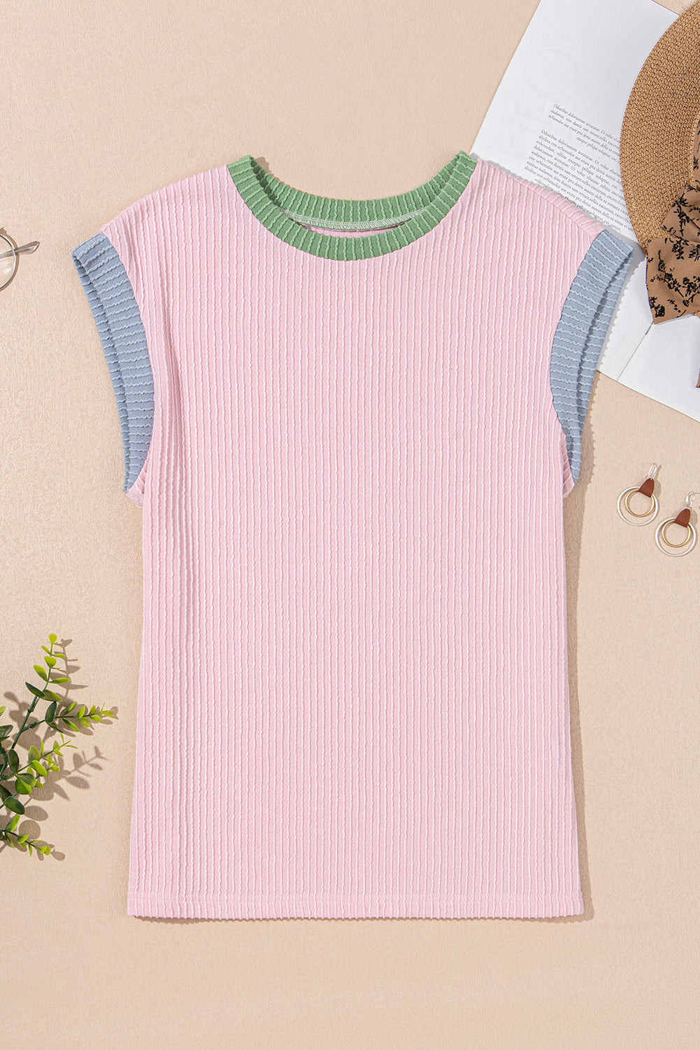 Pink Color Block Corded Knit Crew Neck Tee