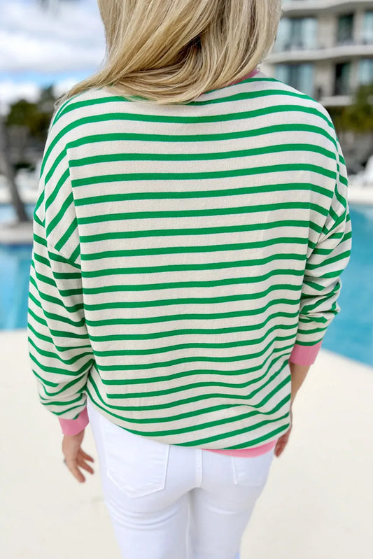 Bright Green Striped Contrast Edge Long Sleeve Top - Chic Meadow Boutique