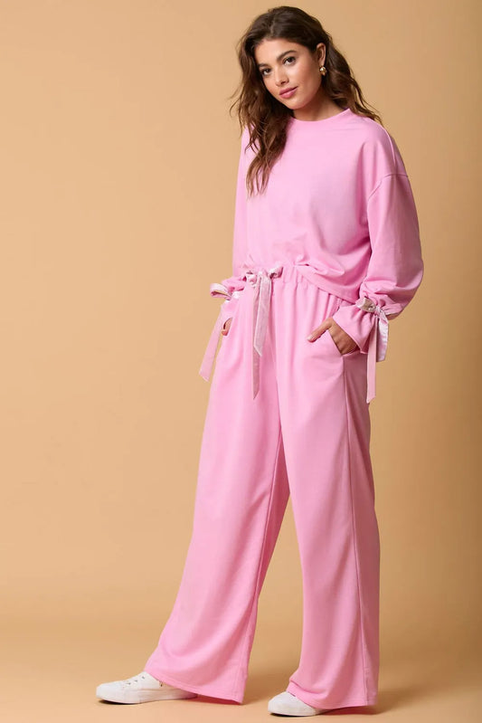 Bonbon Solid Color Drawstring Long Sleeve Top and Pants Set - Chic Meadow Boutique