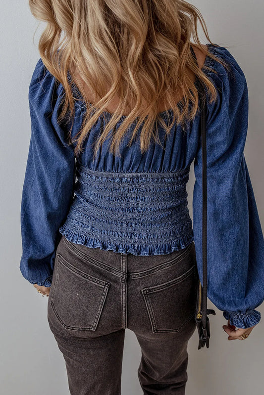 Dark Blue Smocked Ruffled Puff Sleeve V Neck Denim Blouse - Chic Meadow Boutique