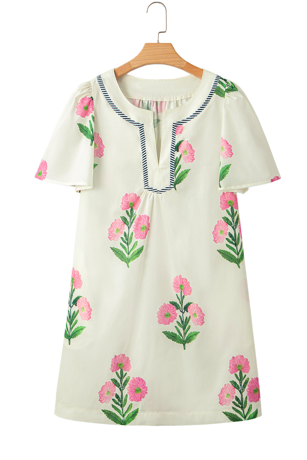 Apricot Floral Short Sleeve Split Neck Loose Mini Dress