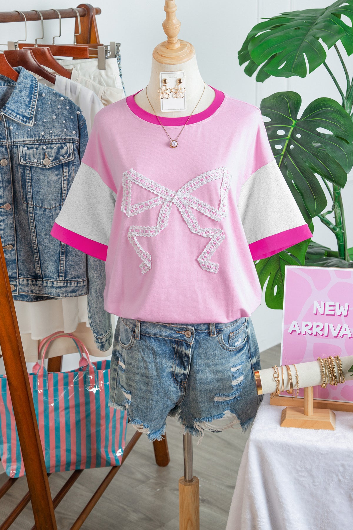 Gossamer Pink Embroidered Bow Detail Color Block Loose Tee