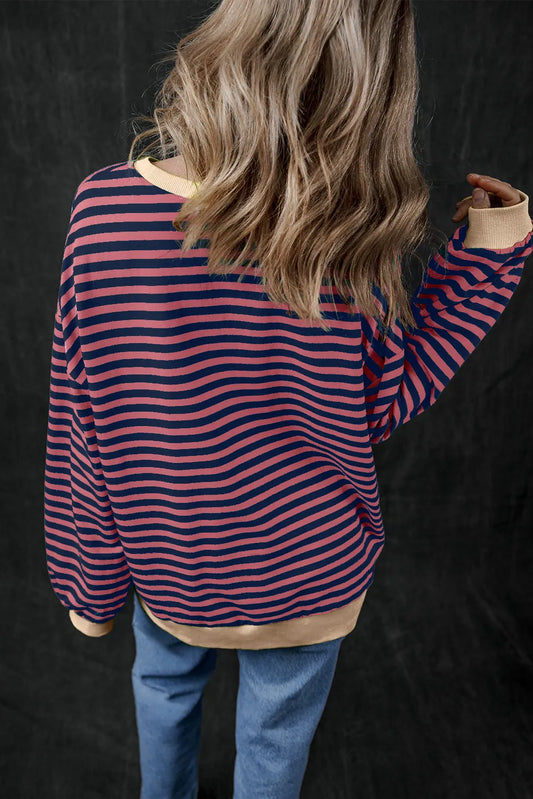 Red Stripe Oversized Contrast Trim Pullover Sweatshirt - Chic Meadow Boutique