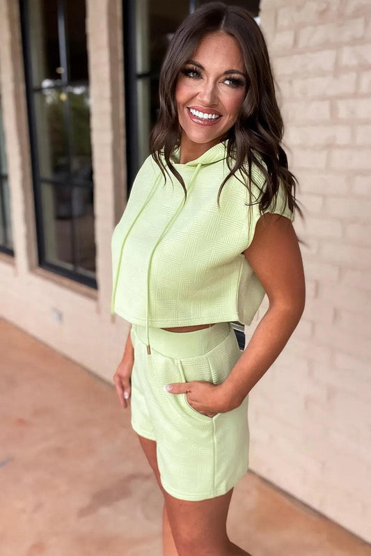 Two Piece Sets/Short Sets Meadow Mist Green Textured Cropped Hoodie and Shorts Set