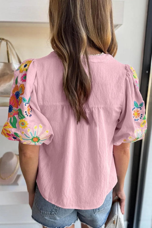 Tops/Blouses & Shirts Pink Floral Embroidered Puff Sleeve Split Neck Blouse