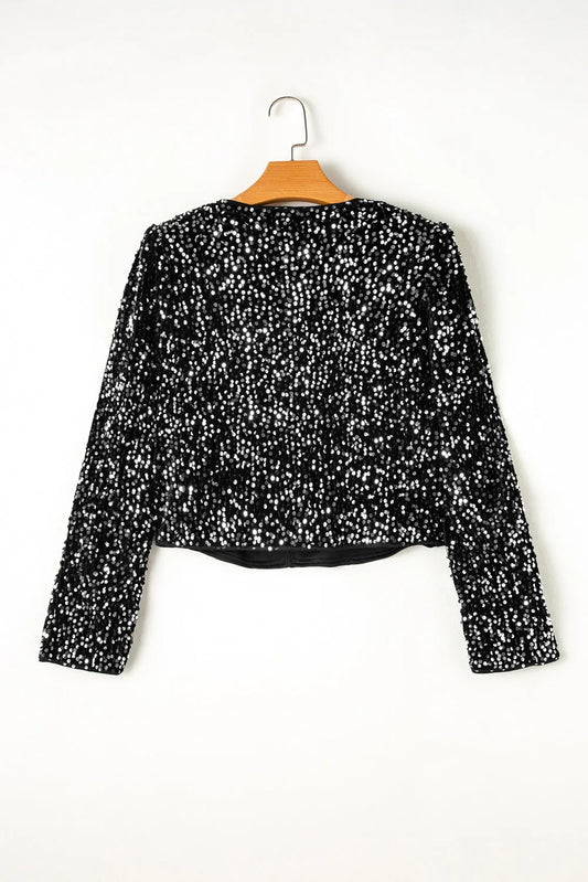 Black Sequined Open Front Cropped Jacket - Chic Meadow Boutique