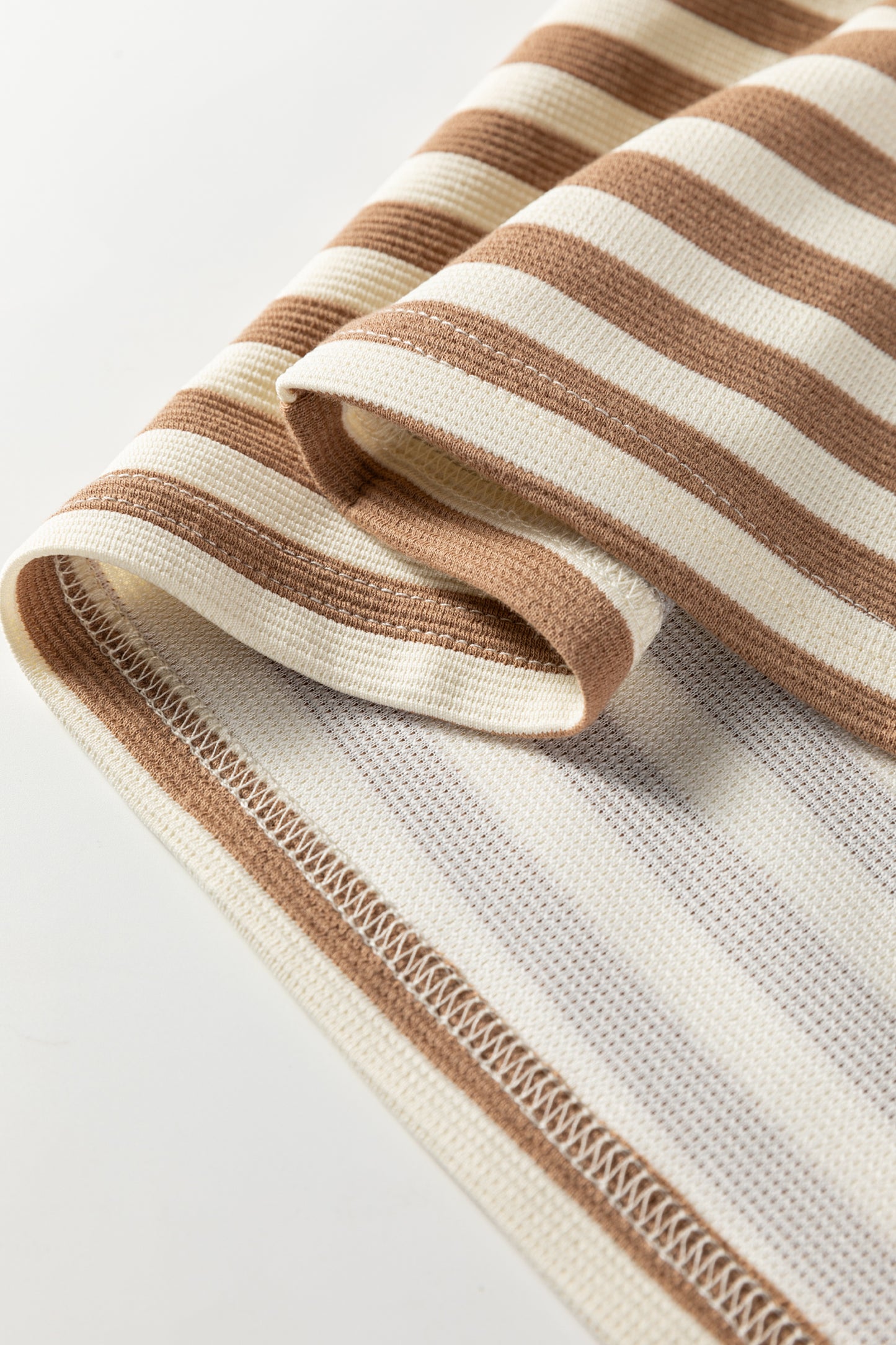 Brown Stripe Short Puff Sleeve Contrast Trim Round Neck Tee