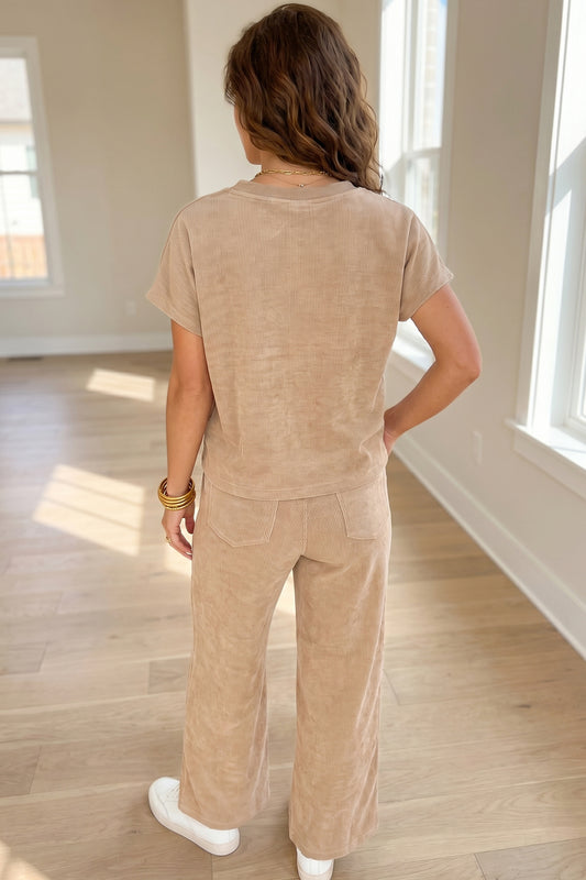 Light French Beige Solid Color Short Sleeve Corduroy Top Casual Pants 2pcs Set