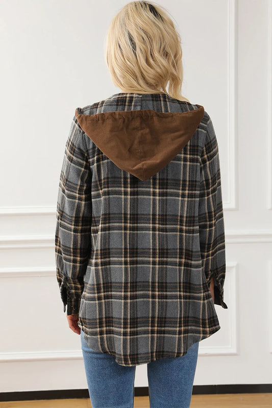 Contrast Hooded Drawstring Plaid Shacket - Chic Meadow Boutique