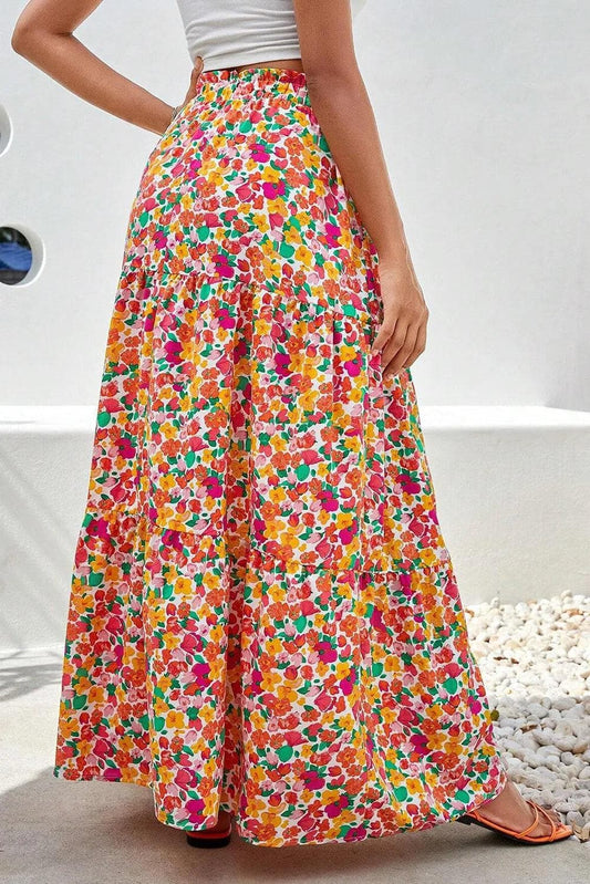 Bottoms/Skirts & Petticoat Yellow Boho Floral Print Tiered Long Skirt