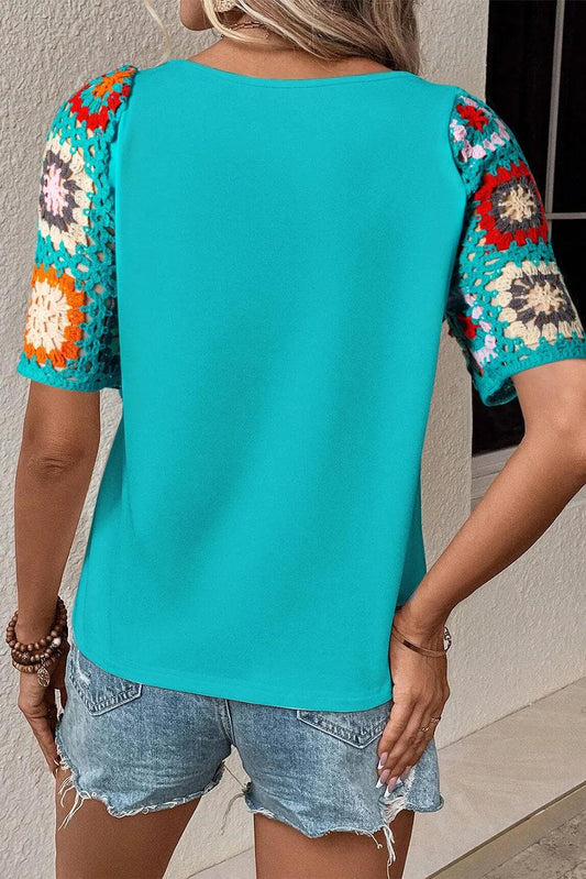 Tops/Tops & Tees Turquoise Floral Crochet Short Sleeve Top