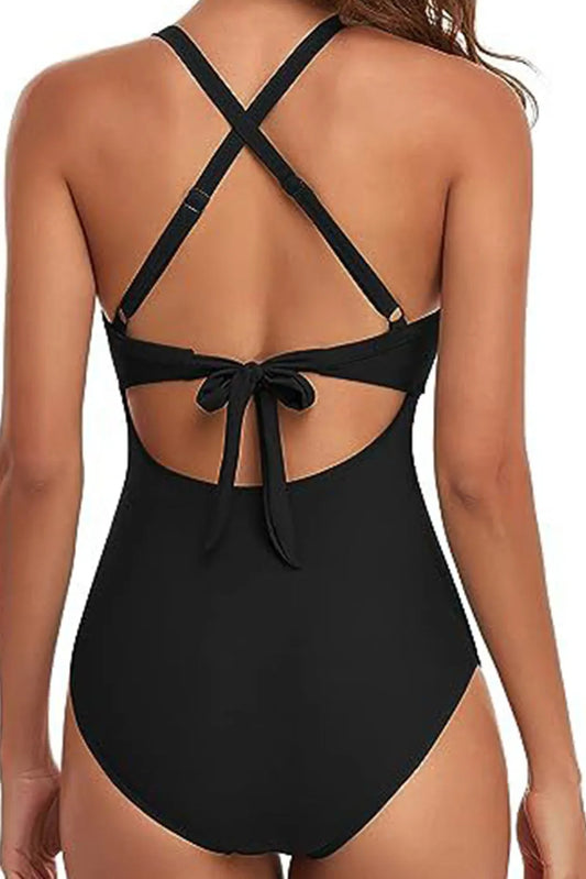 Black 2-tone Crossed Cutout Backless Monokini - Chic Meadow Boutique