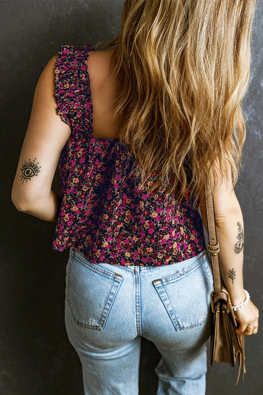 Rose Boho Frilled Straps Floral Tank Top - Chic Meadow Boutique