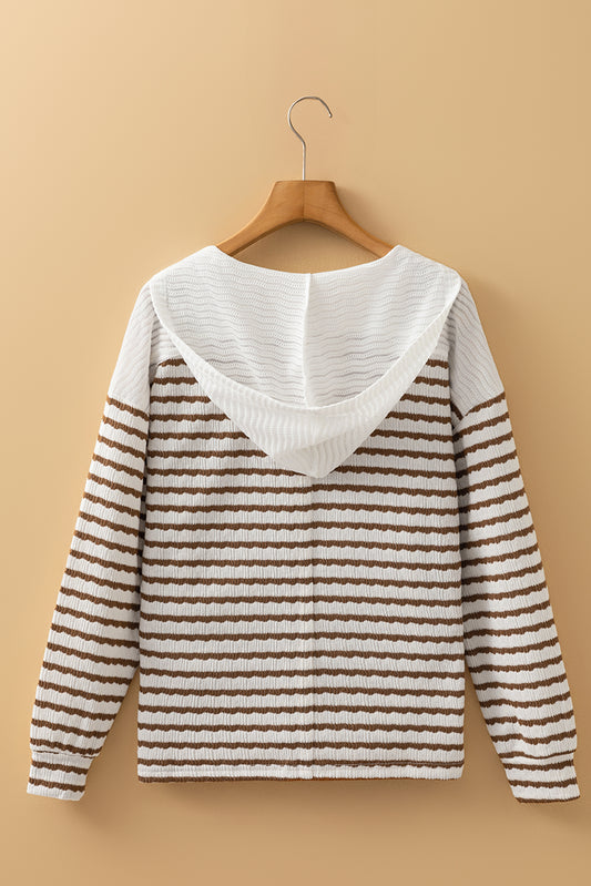 Khaki Stripe Textured Hooded V Neck Casual Long Sleeve Top