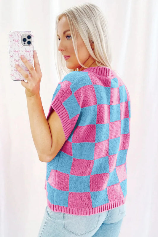 Sachet Pink Colorblock Plaid Pattern Ribbed Trim Sweater Tank Top - Chic Meadow Boutique