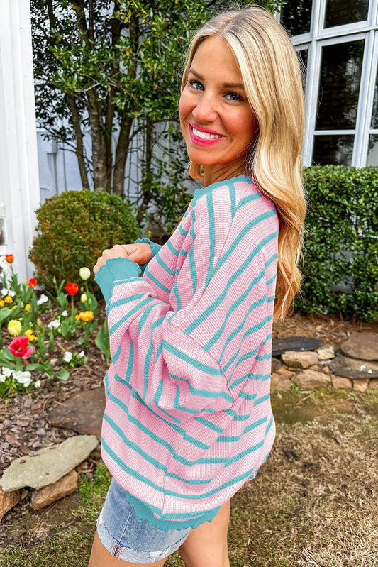 Pink Stripe Trimmed Round Neck Drop Shoulder Loose Sweater - Chic Meadow Boutique