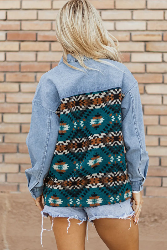 Blue Aztec Printed Denim Jacket - Chic Meadow Boutique