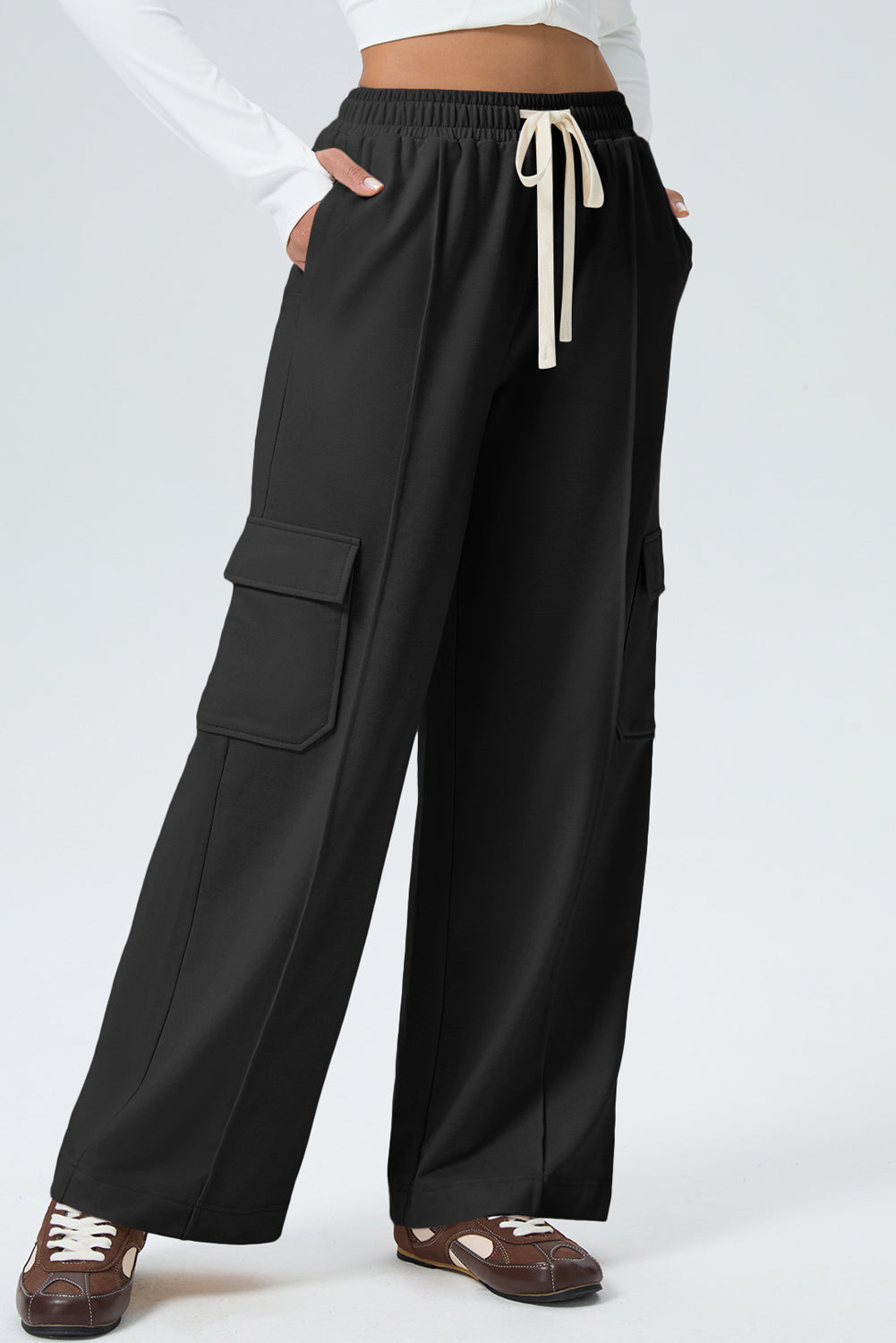 Black Solid Color Drawstring Elastic Waist Cargo Patch Pocket Active Pants