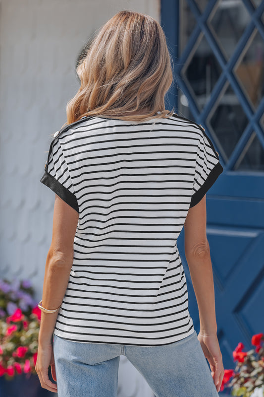 Black Stripe Cuffed Sleeve Button Detail Loose Tee