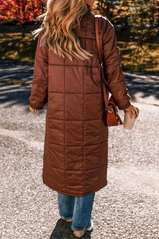 Coffee Quilted Puffer Stand Neck Zipped Mid-length Coat - Chic Meadow Boutique