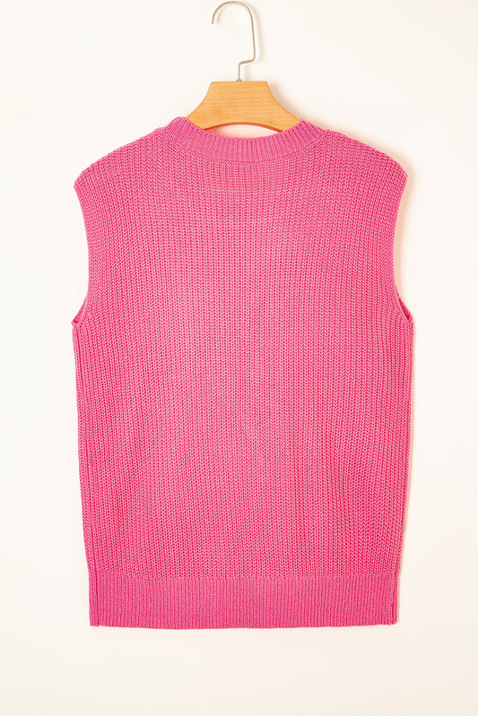 Bright Pink Western Cowboy Embroidery Round Neck Sleeveless Sweater