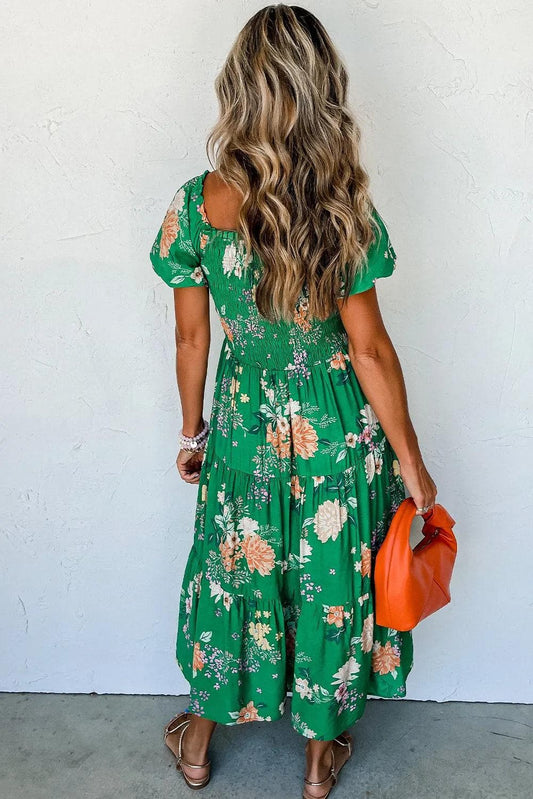 Dresses/Floral Dresses Green Floral Print Bubble Sleeve Smocked Tiered Midi Dress