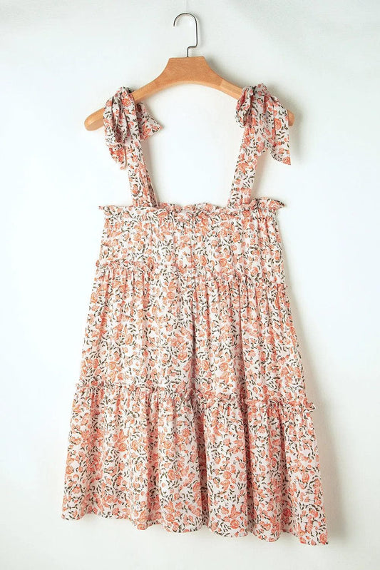 Dresses/Floral Dresses Orange Floral Knotted Straps Tiered Babydoll Dress