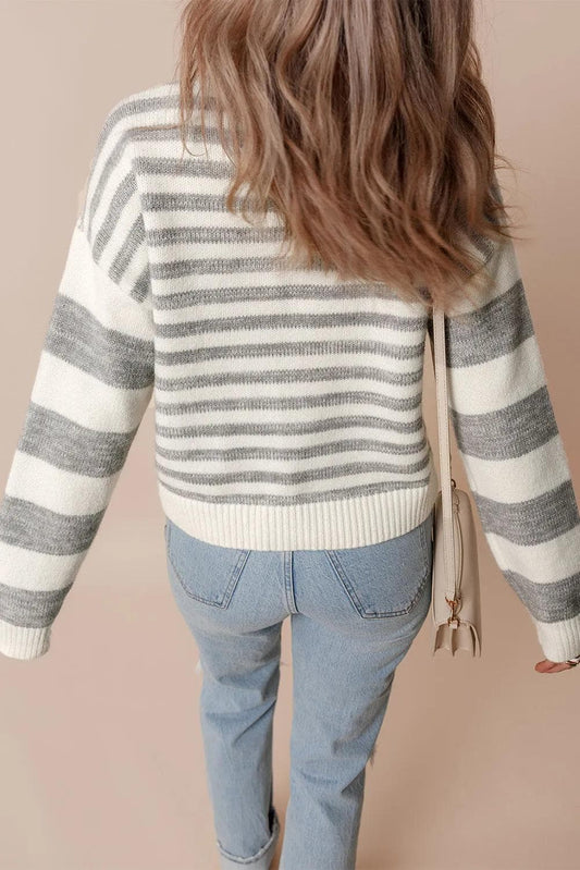 Sweaters & Cardigans/Sweaters Gray Stripe Drop Shoulder Crew Neck Sweater