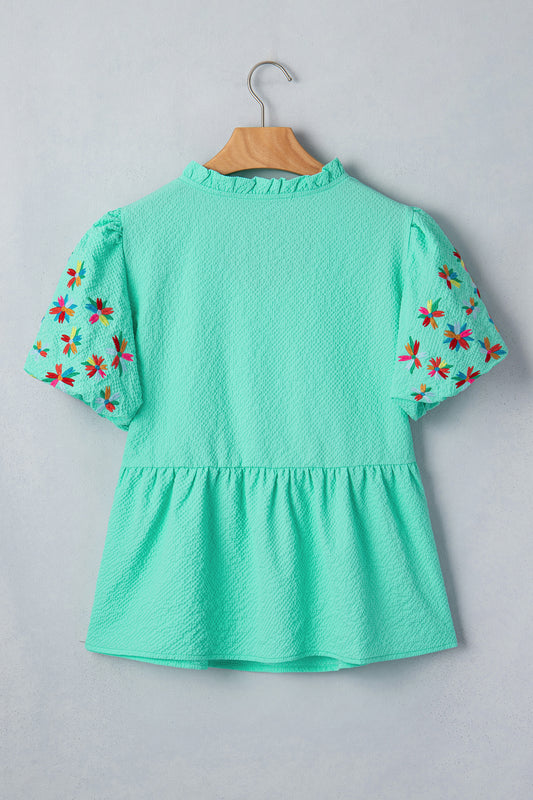 Mint Green Frilled V Neck Flower Embroidered Puff Sleeve Textured Blouse