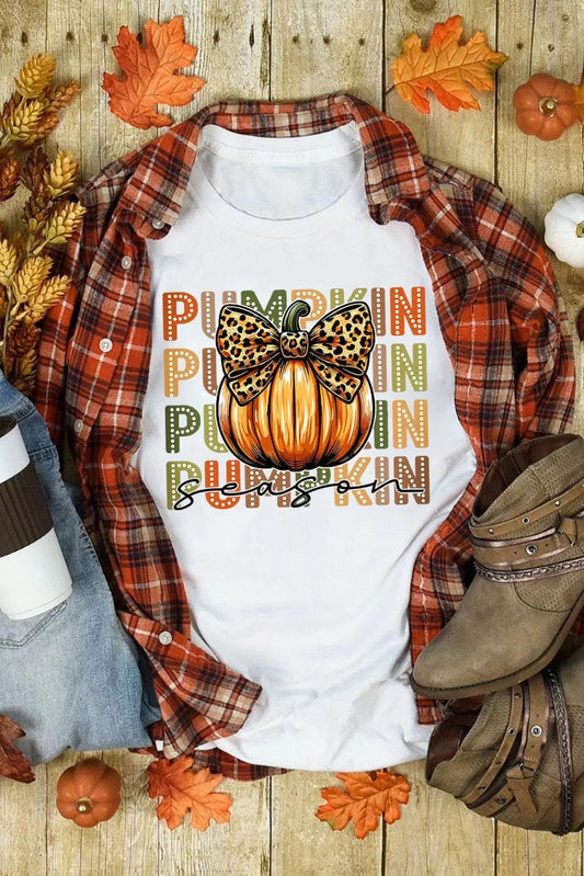 Graphic/Graphic Tees White PUMPKIN Season Leopard Bow Print Crew Neck T Shirt