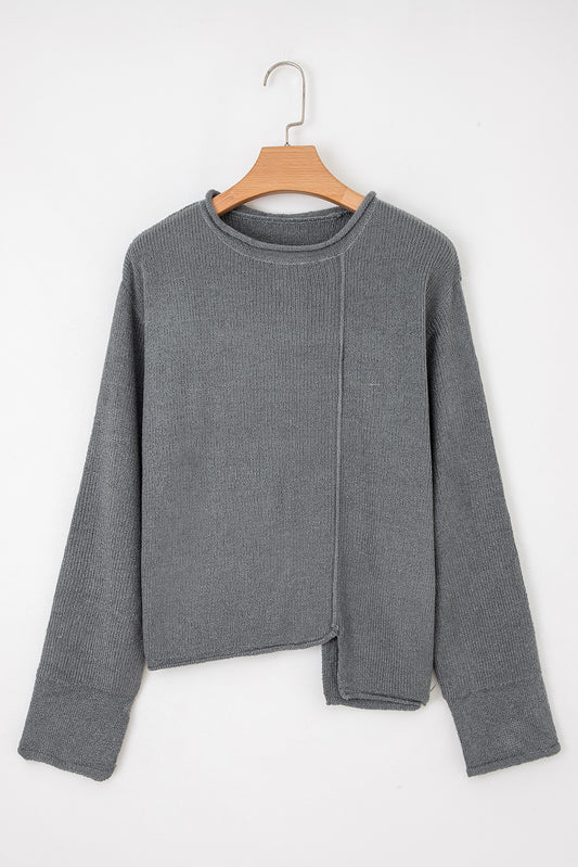 Medium Grey Raw Edge Uneven Hem Patchwork Drop Shoulder Sweater