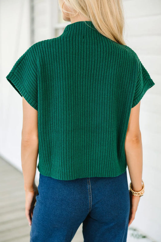 Blackish Green Patch Pocket Ribbed Knit Short Sleeve Sweater - Chic Meadow Boutique