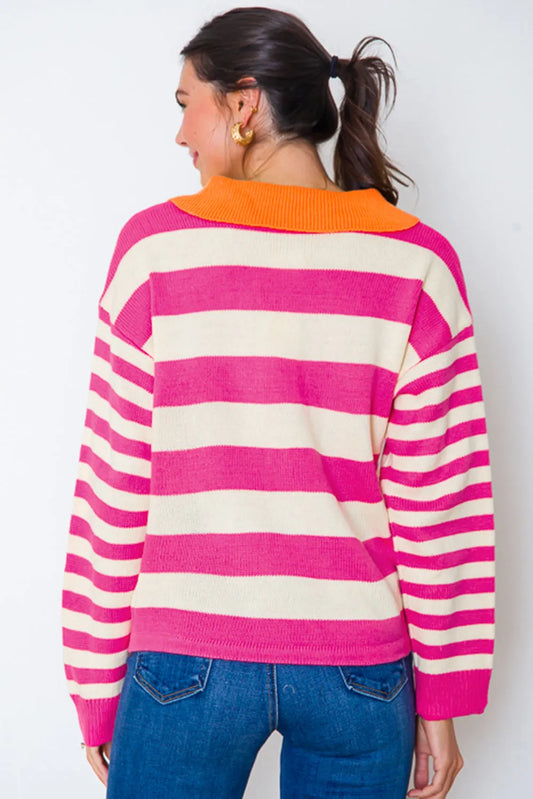 Rose Stripe Color Block Collared V Neck Drop Shoulder Sweater - Chic Meadow Boutique