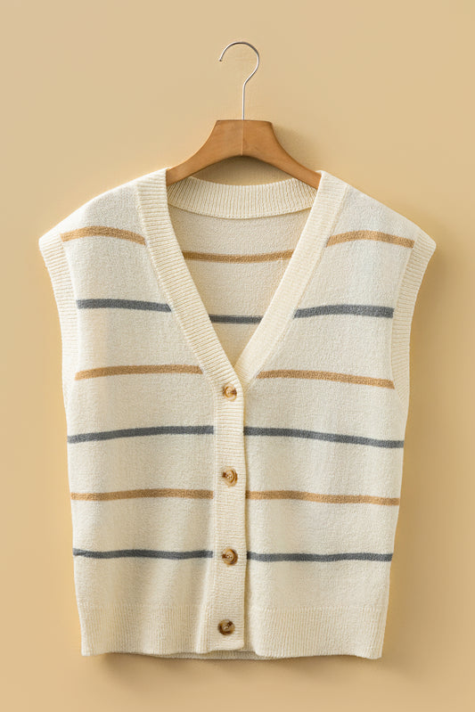 Multicolour Striped Print Button V Neck Sweater Vest